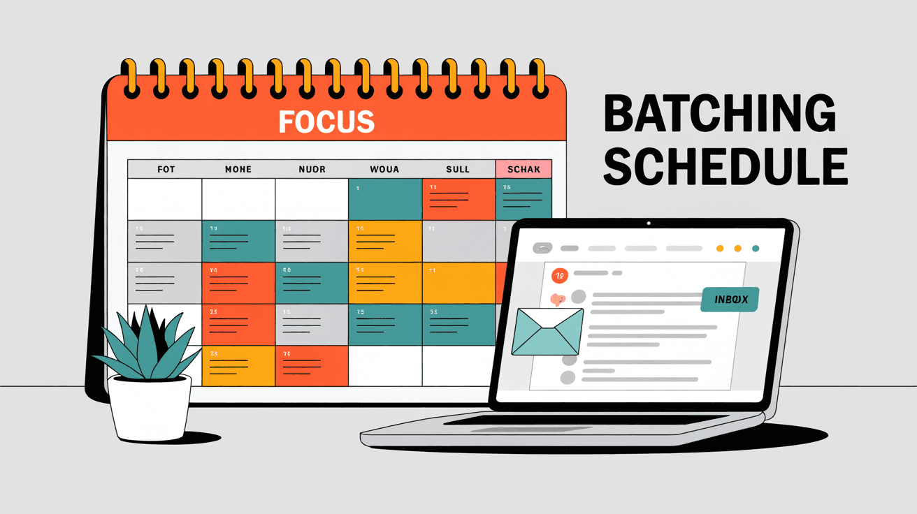 Calendar showing FOCUS and BATCHING SCHEDULE with color-coded time blocks and laptop displaying inbox for scheduled email sessions strategy