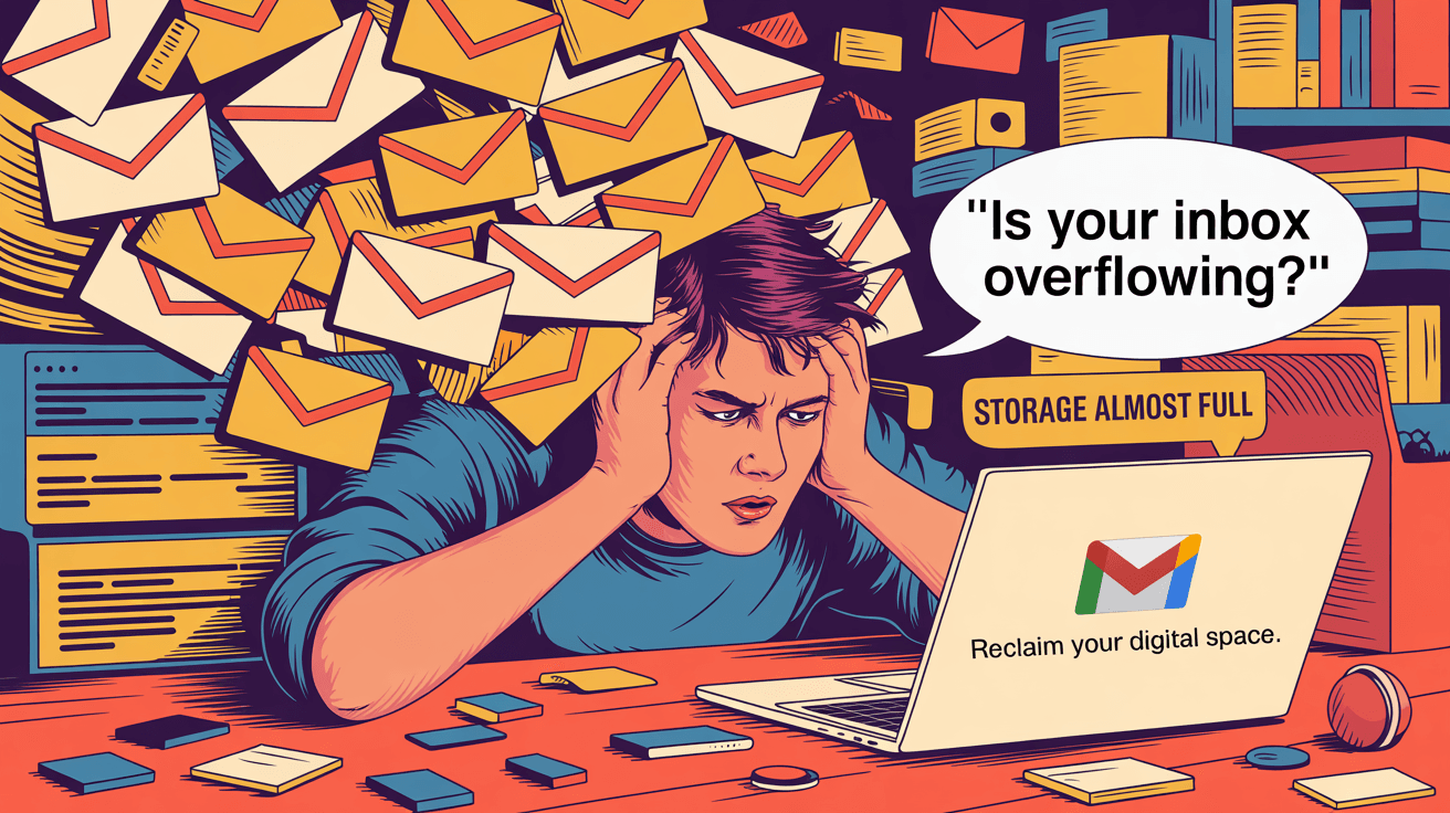 Person overwhelmed by promotional emails with Gmail storage almost full indicator, showing how marketing emails consume digital storage space